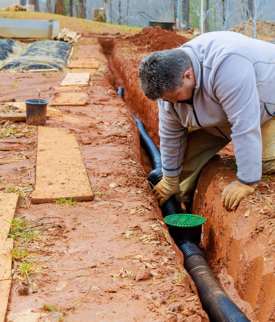 storm drainage drain pipe installing into trench